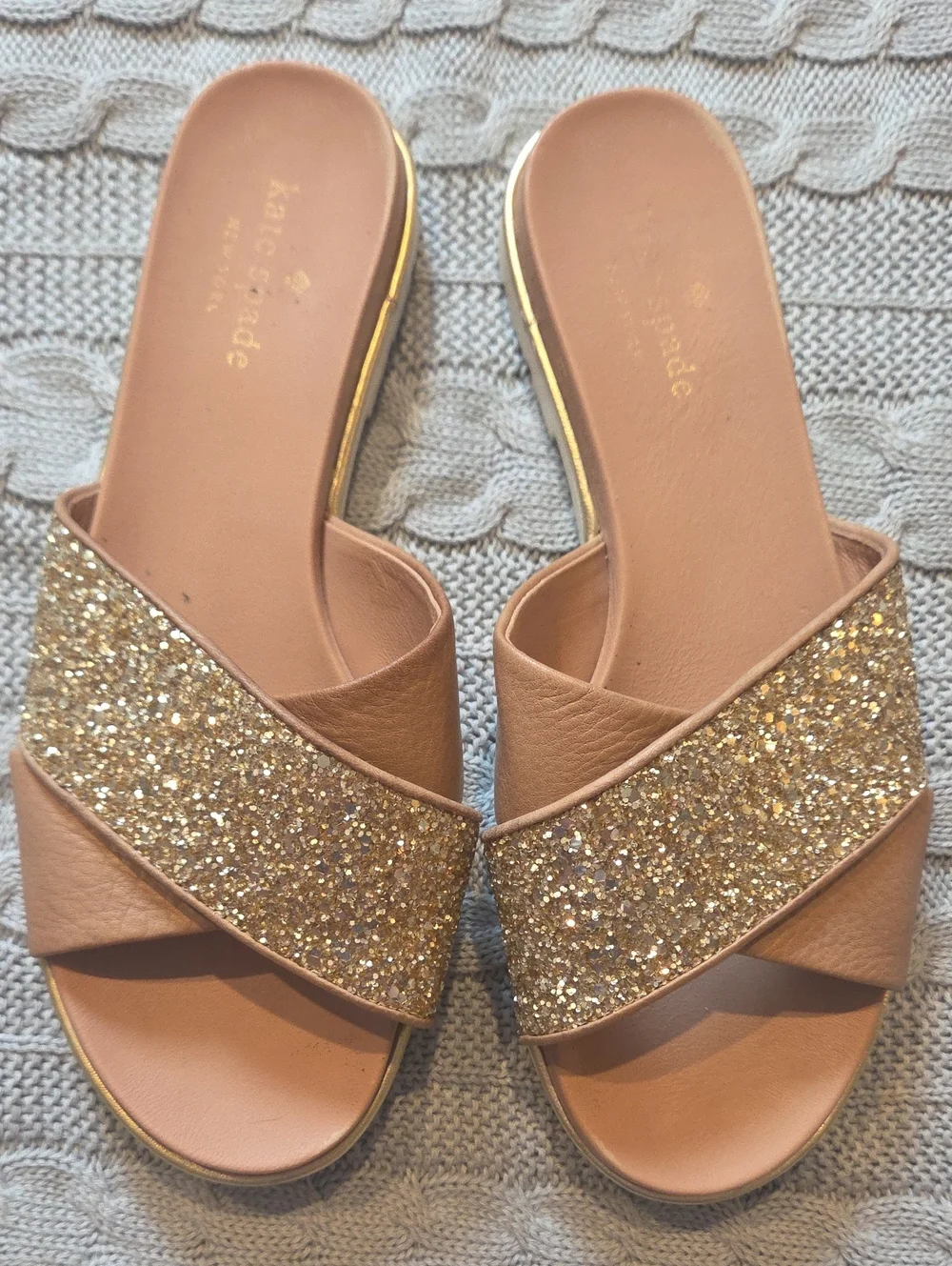 Kate Spade Metallic Gold Glitter Criss Cross Slide Sandals Sz 8 Festive Holiday